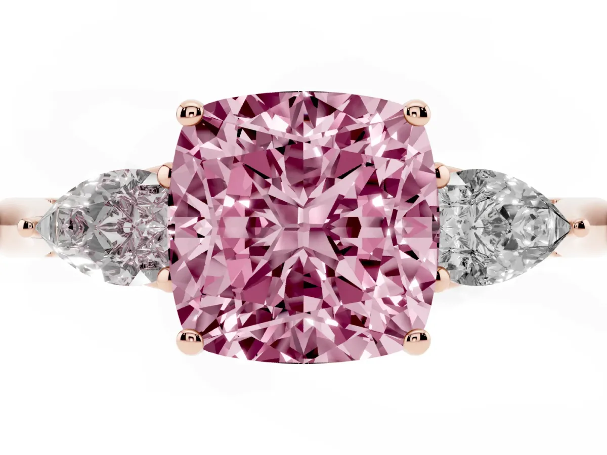 Fancy Pink Cushion Cut Diamond Three-Stone Ring with Pear Side Stones and Prong Setting Rose gold