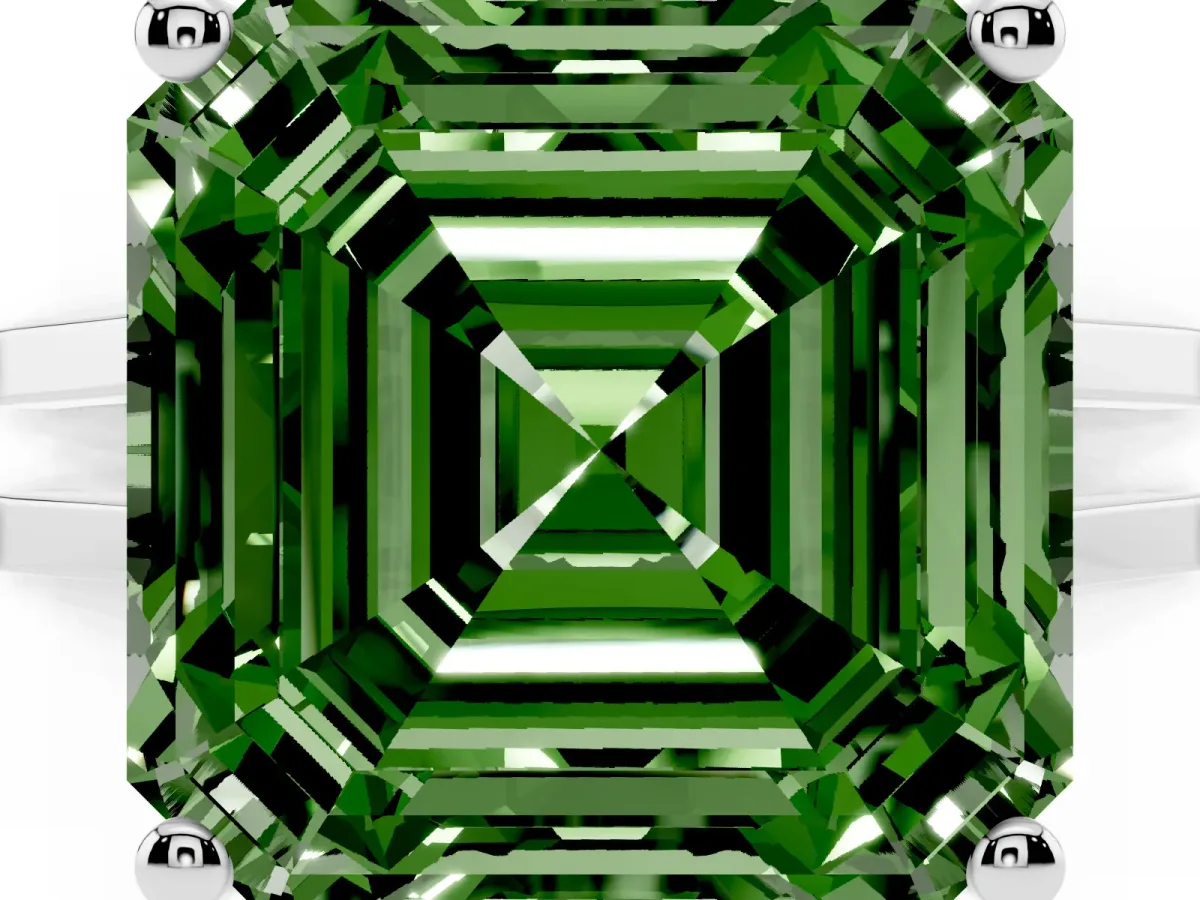Fancy Green Asscher Cut Cut Diamond Solitaire Engagement Ring with Tapered Plain Band and Four-Prong Setting Silver