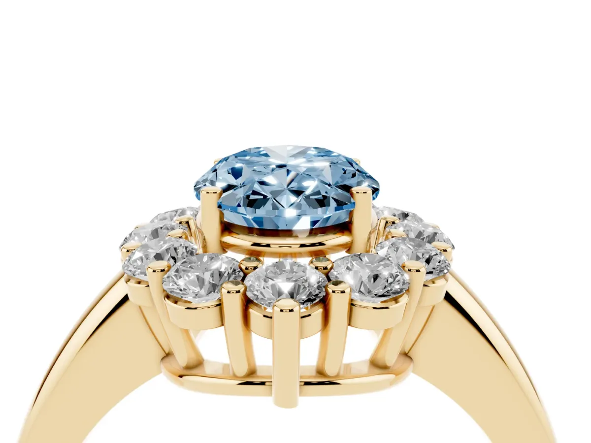 Fancy Blue Oval Cut Halo Cluster Diamond Engagement Ring with Prong Setting and Polished Band Yellow gold