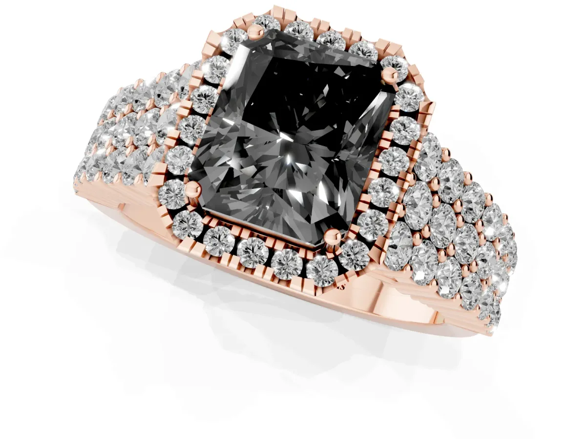 Fancy Black Radiant Cut Diamond Halo Engagement Ring with Triple Row Round Pavé Band and Prong Setting Rose gold