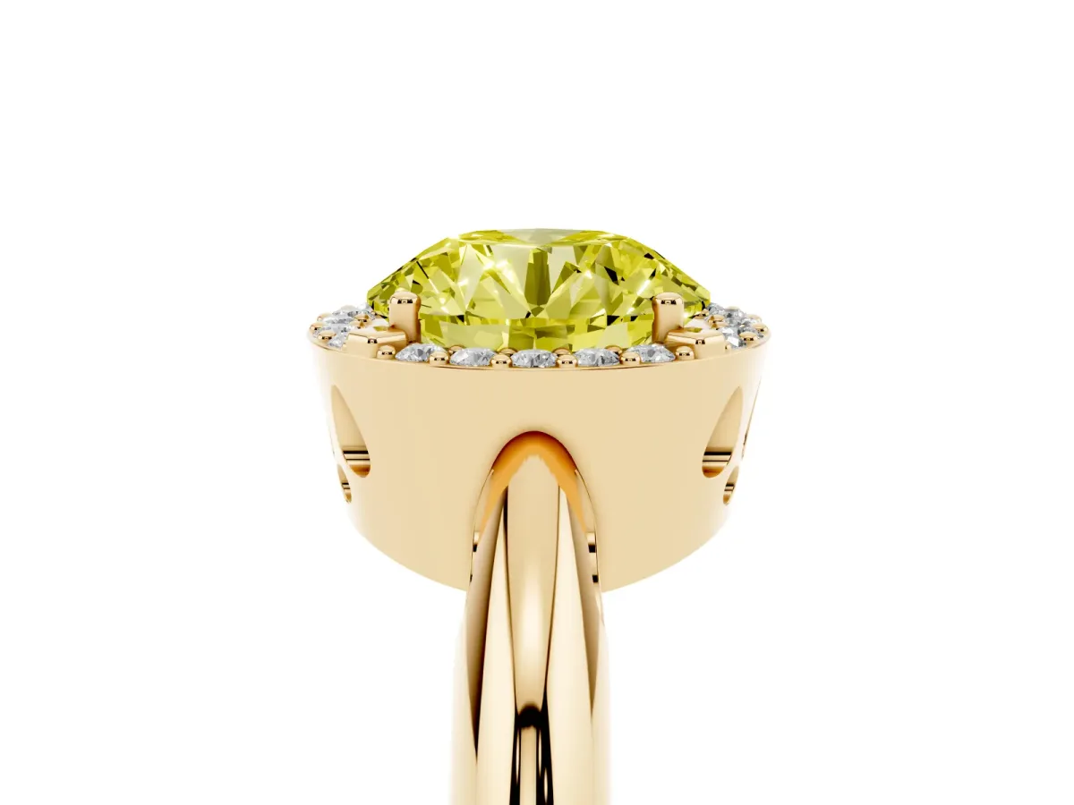 Fancy Yellow Round Cut Cut Diamond Halo Engagement Ring with Split Shank and Four-Prong Setting Yellow gold