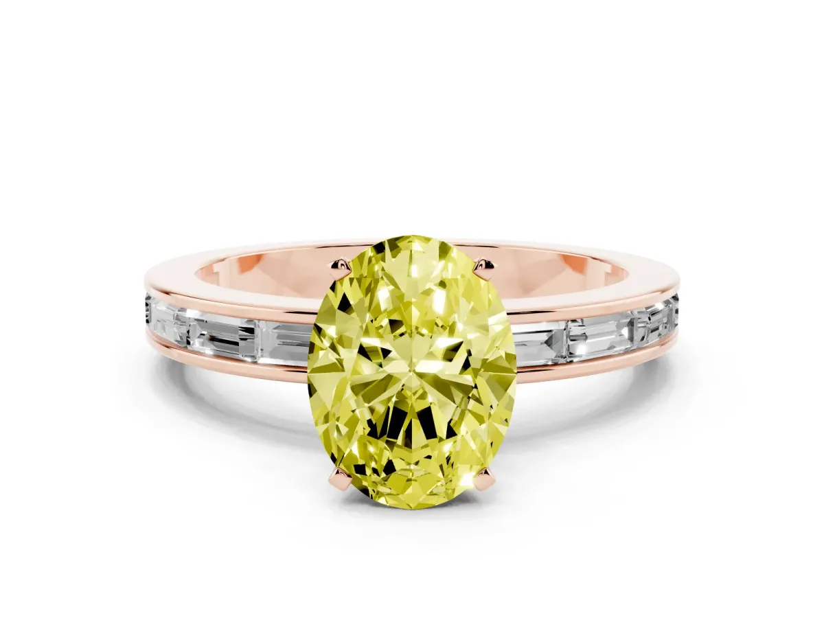 Fancy Yellow Oval Cut Solitaire Diamond Ring with Channel-Set Baguette Band and Four-Prong Setting Rose gold