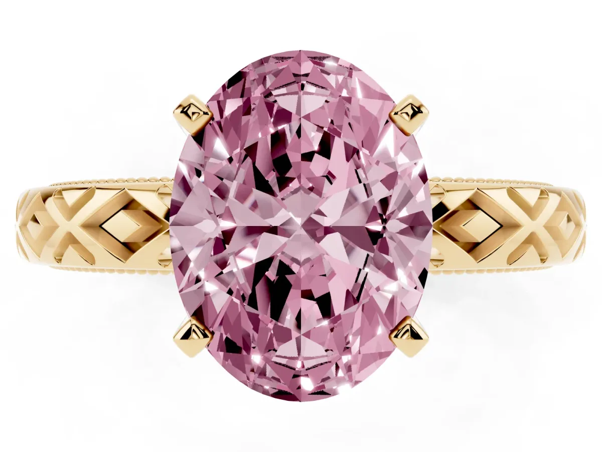 Fancy Pink Oval Cut Solitaire Diamond Ring with Milgrain and Black Enamel X Pattern Band Yellow gold