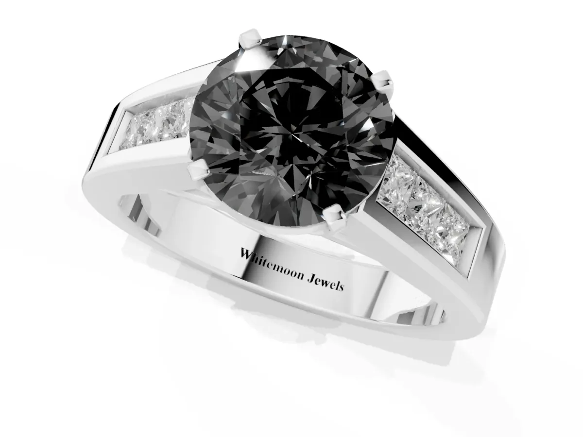 Fancy Black Round Cut Cut Channel Set Solitaire Ring with Four-Prong Setting White gold