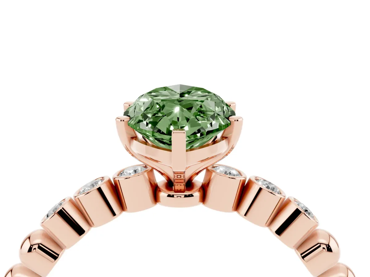 Fancy Green Marquise Cut Solitaire Bezel Accent Diamond Engagement Ring with Beaded Band and Four-Prong Setting Rose gold
