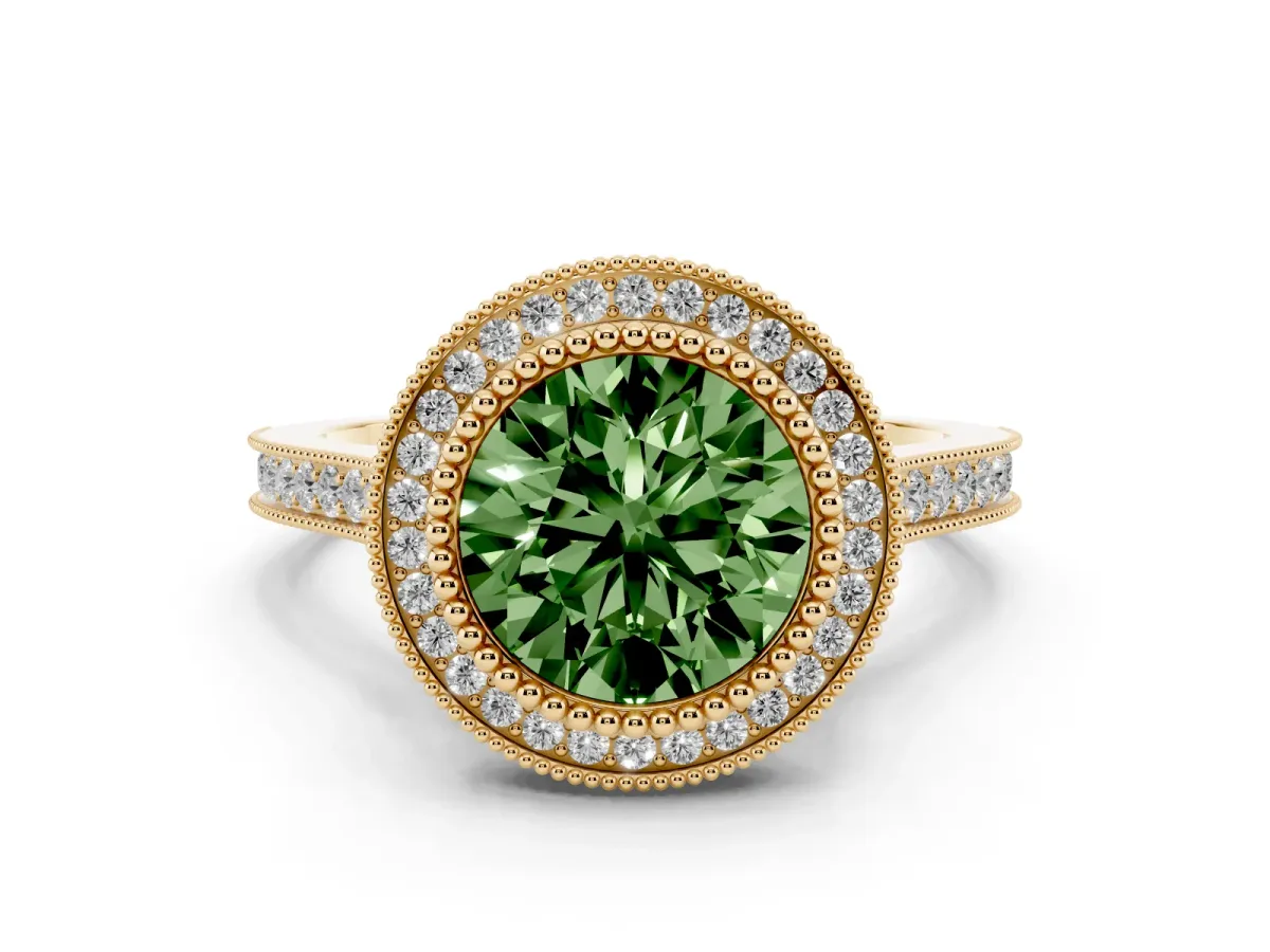 Fancy Green Round Cut Diamond Halo Ring with Milgrain Frame and Pavé Band Yellow gold