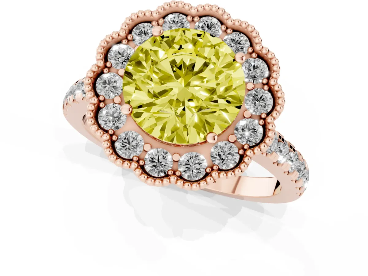 Fancy Yellow Round Cut Cut Diamond Milgrain Floral Halo Engagement Ring with Pavé Band Rose gold