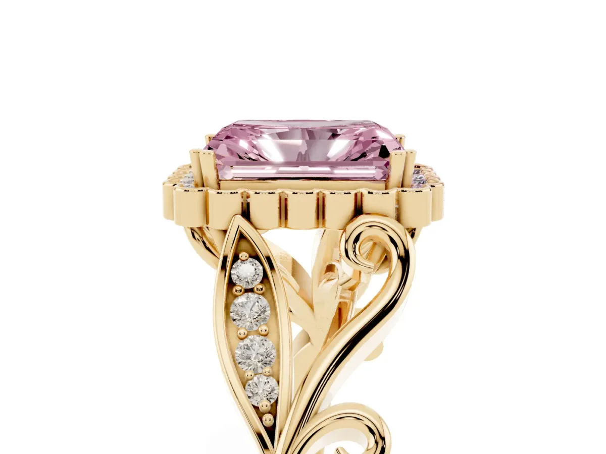 Fancy Pink Radiant Cut Diamond Halo Ring with Vintage Split Shank and Four-Prong Setting Yellow gold