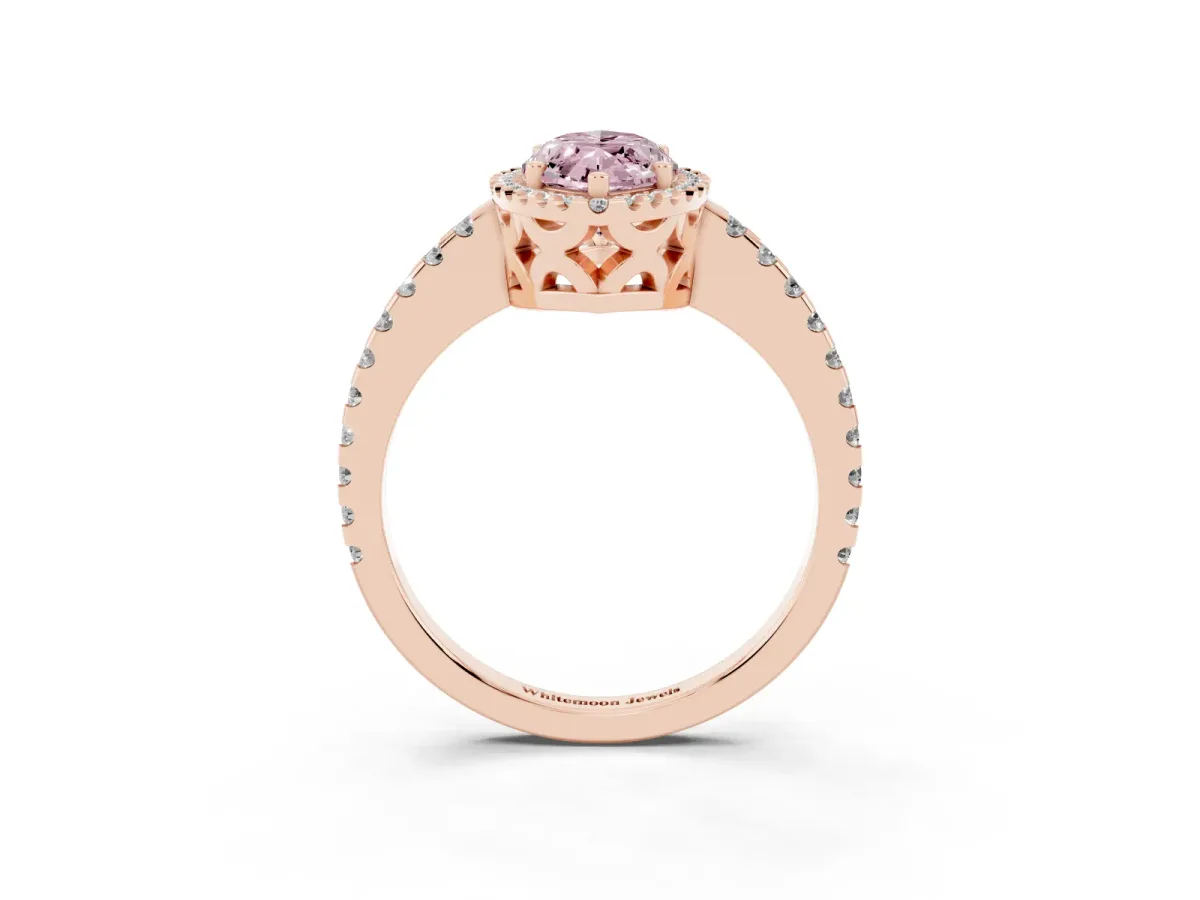 Fancy Pink Marquise Cut Diamond Halo Engagement Ring with Pavé Band and Prong Setting Rose gold