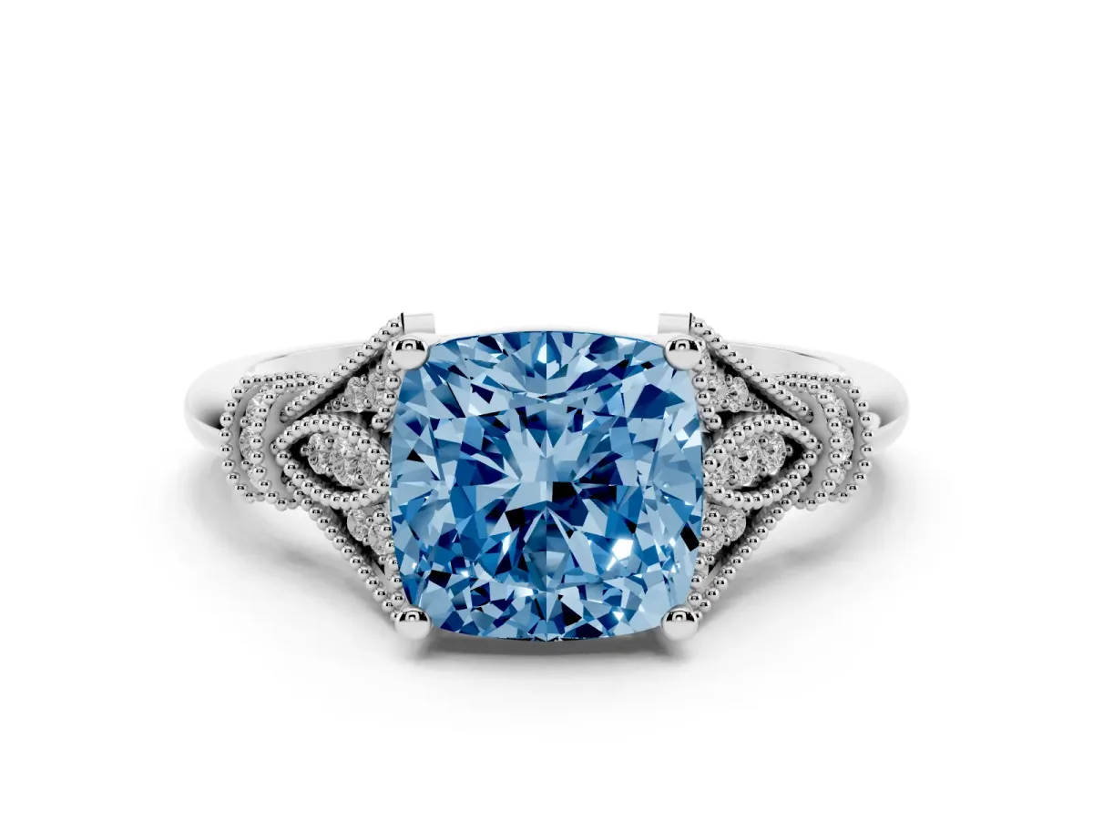 Fancy Blue Cushion Cut Diamond Solitaire Ring with Floral Filigree and Pave Accents White gold