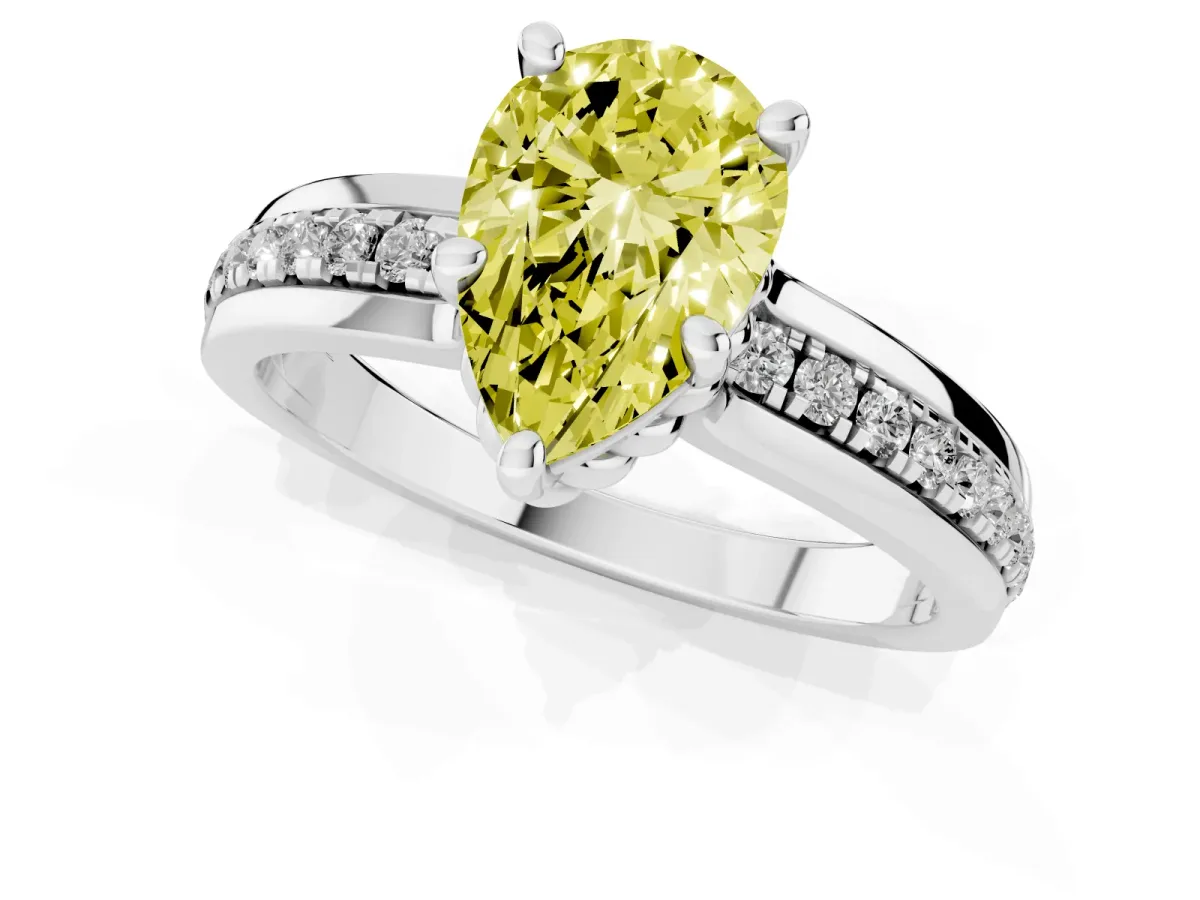 Fancy Yellow Pear Cut Solitaire Diamond Ring with Channel Set Band and Six-Prong Setting Silver
