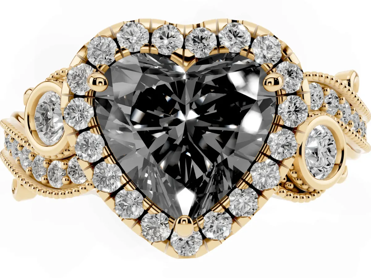 Fancy Black Heart Cut Halo Diamond Ring with Milgrain and Bezel Accents on a Split Shank Band Yellow gold