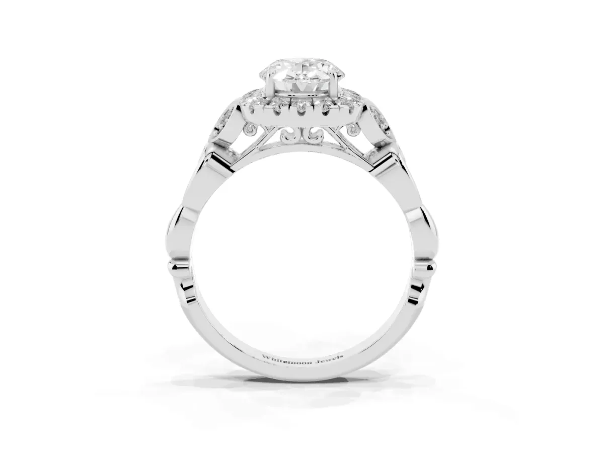 Oval Cut Halo Diamond Engagement Ring with Vintage-Inspired Band and Four-Prong Setting Platinum