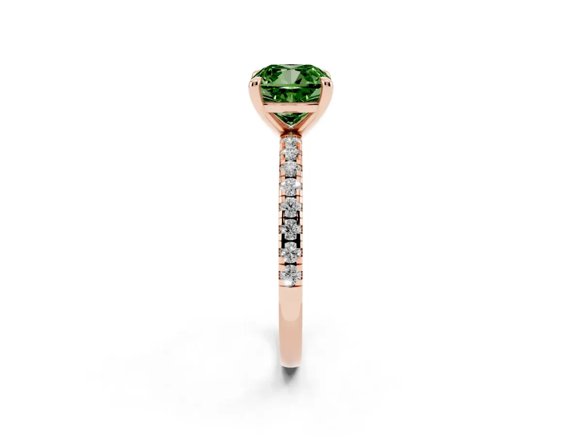 Fancy Green Cushion Cut Diamond Brilliant Solitaire Ring with Pavé Band and Four-Prong Setting Rose gold