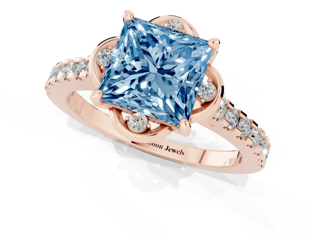 Fancy Blue Princess Cut Diamond Ring with Pavé Band and Floral Prong Setting Rose gold