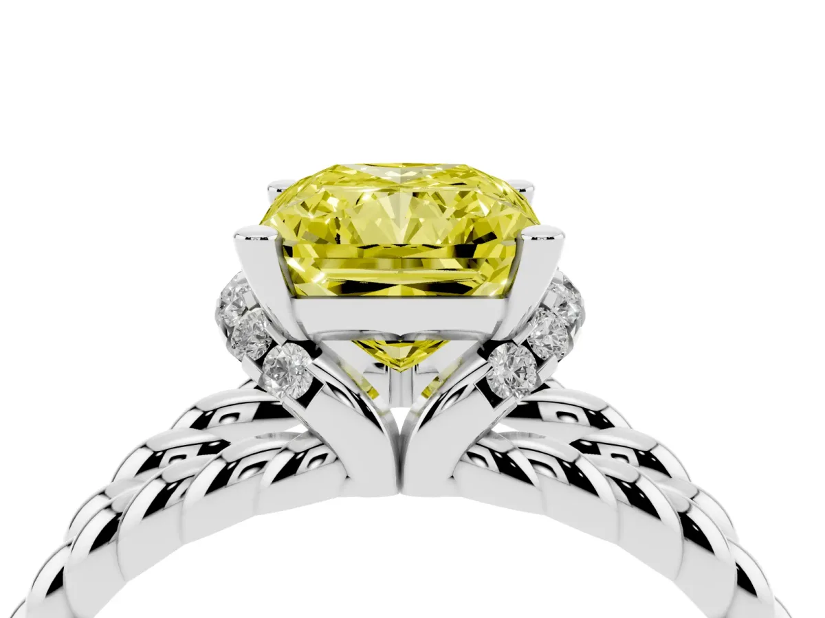 Fancy Yellow Radiant Cut Halo Twisted Band Four-Prong Ring Silver