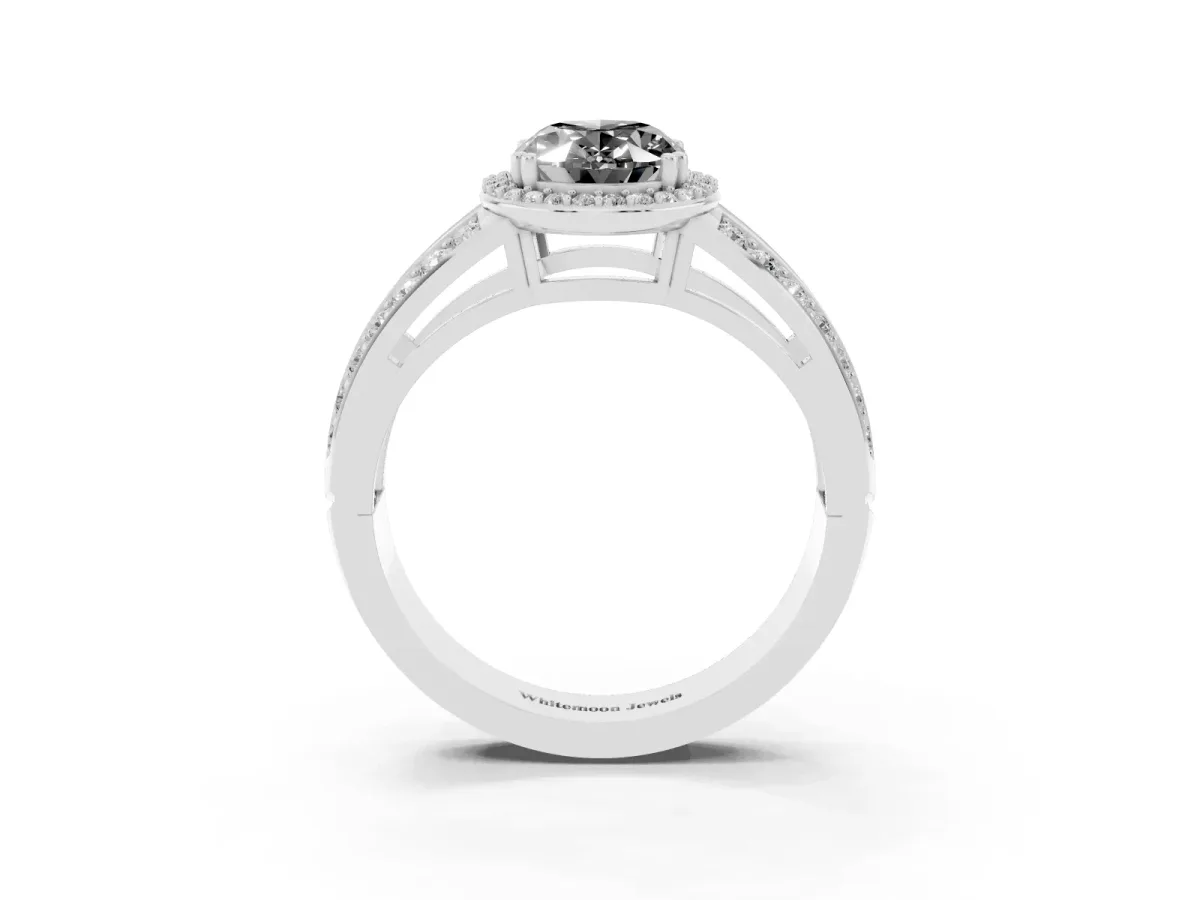 Fancy Black Oval Cut Diamond Halo Ring with Split Shank Pavé Band and Four-Prong Setting White gold