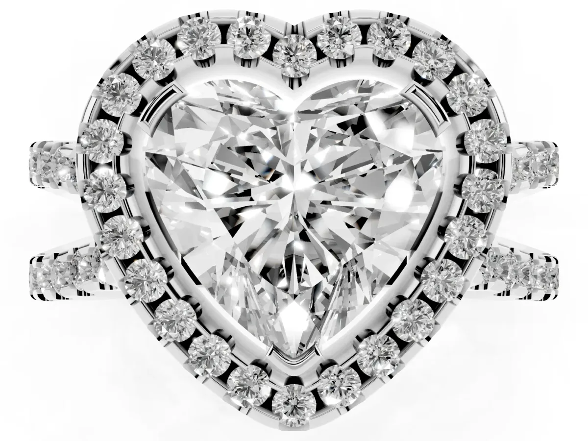 Heart Cut Diamond Halo Ring with Split Shank Pavé Band and Prong Setting Silver
