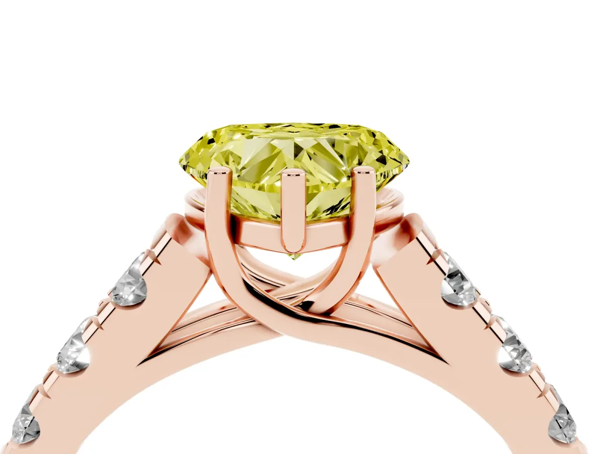 Fancy Yellow Heart Cut Cut Diamond Solitaire Ring with Micro Pave Band and Prong Setting Rose gold
