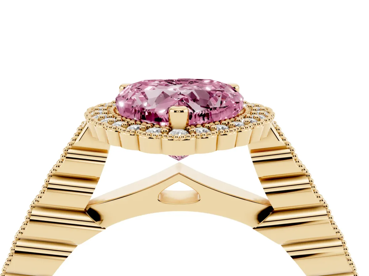 Fancy Pink Heart Cut Cut Halo Pavé Solitaire Ring with Milgrain Band Yellow gold