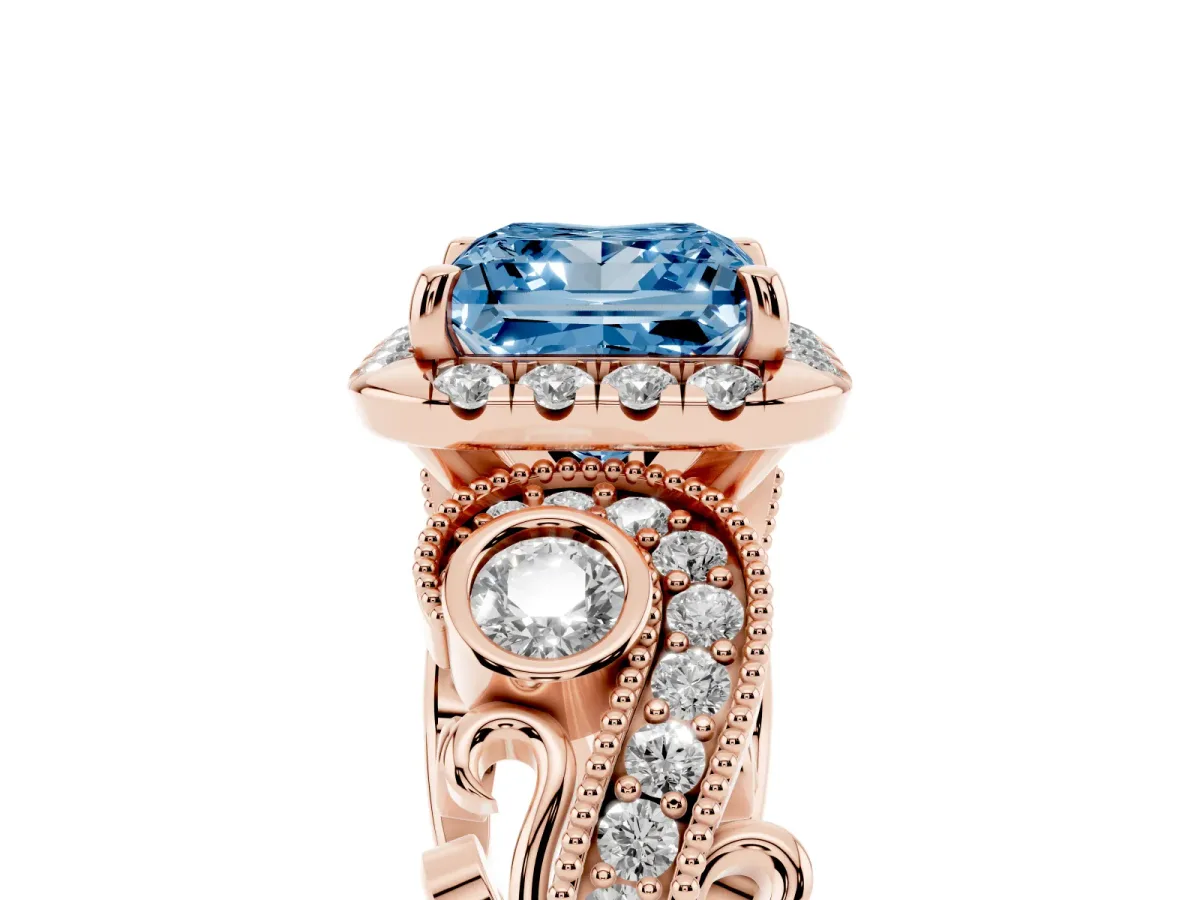 Fancy Blue Princess Cut Diamond Halo Ring with Milgrain Pavé Band and Four-Prong Setting Rose gold