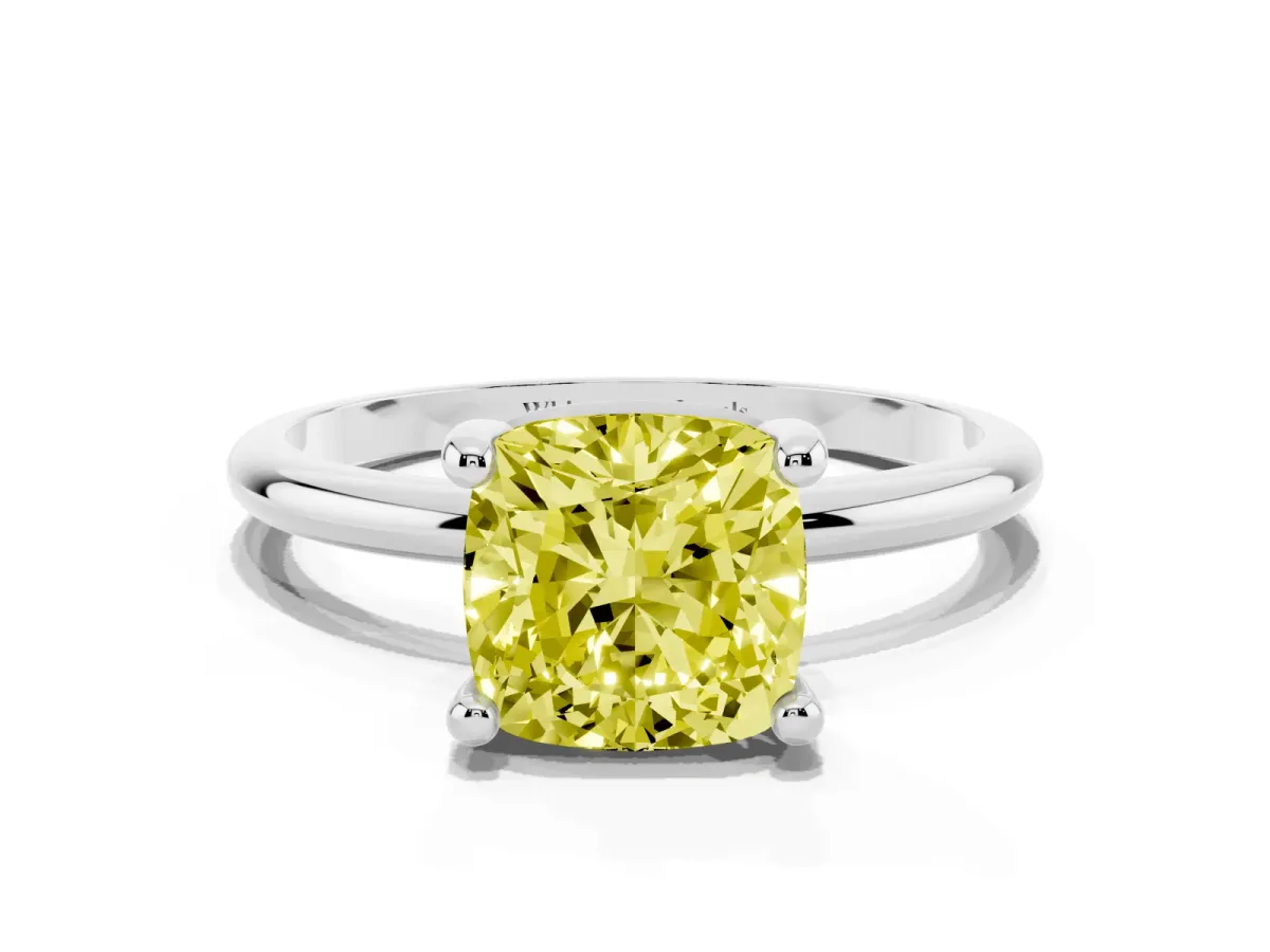 Fancy Yellow Cushion Cut Solitaire Diamond Ring with 4-Prong Setting on a Classic Band Silver