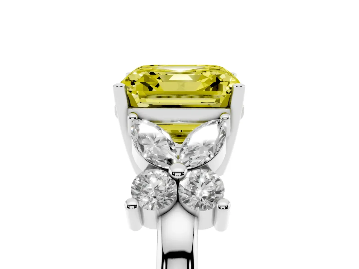 Fancy Yellow Asscher Cut Diamond Floral Cluster Ring with Solitaire Band and Prong Setting White gold