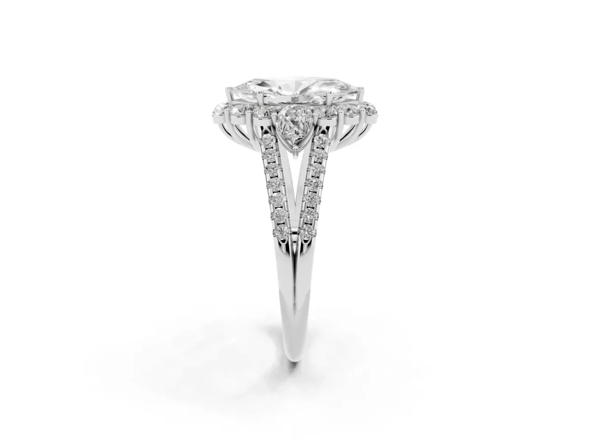 Marquise Cut Halo Split Shank Diamond Engagement Ring with Prong Setting Platinum
