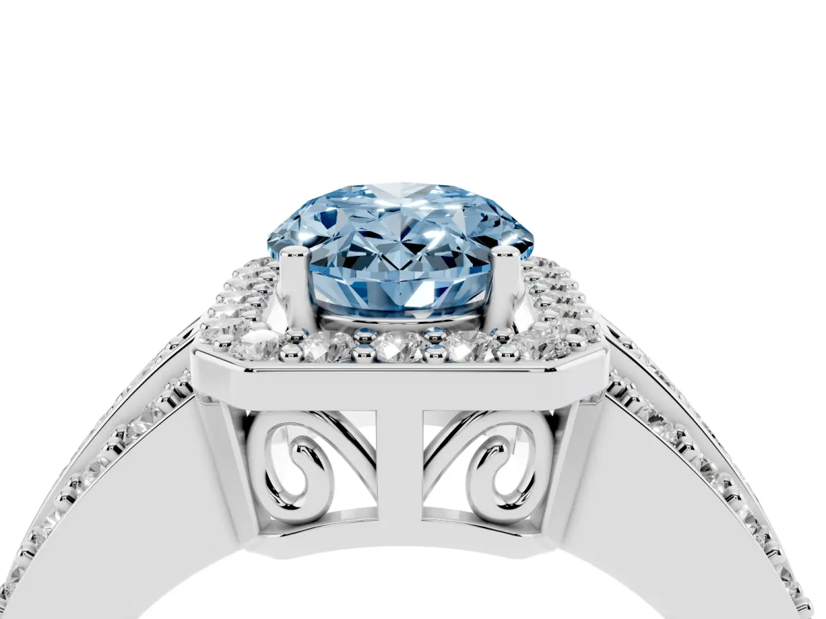 Fancy Blue Oval Cut Halo Diamond Ring with Round Split Shank and Prong Setting White gold
