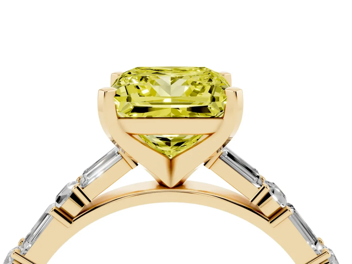 Fancy Yellow Princess Cut Diamond Solitaire with Side Baguettes and Channel Set Band Yellow gold