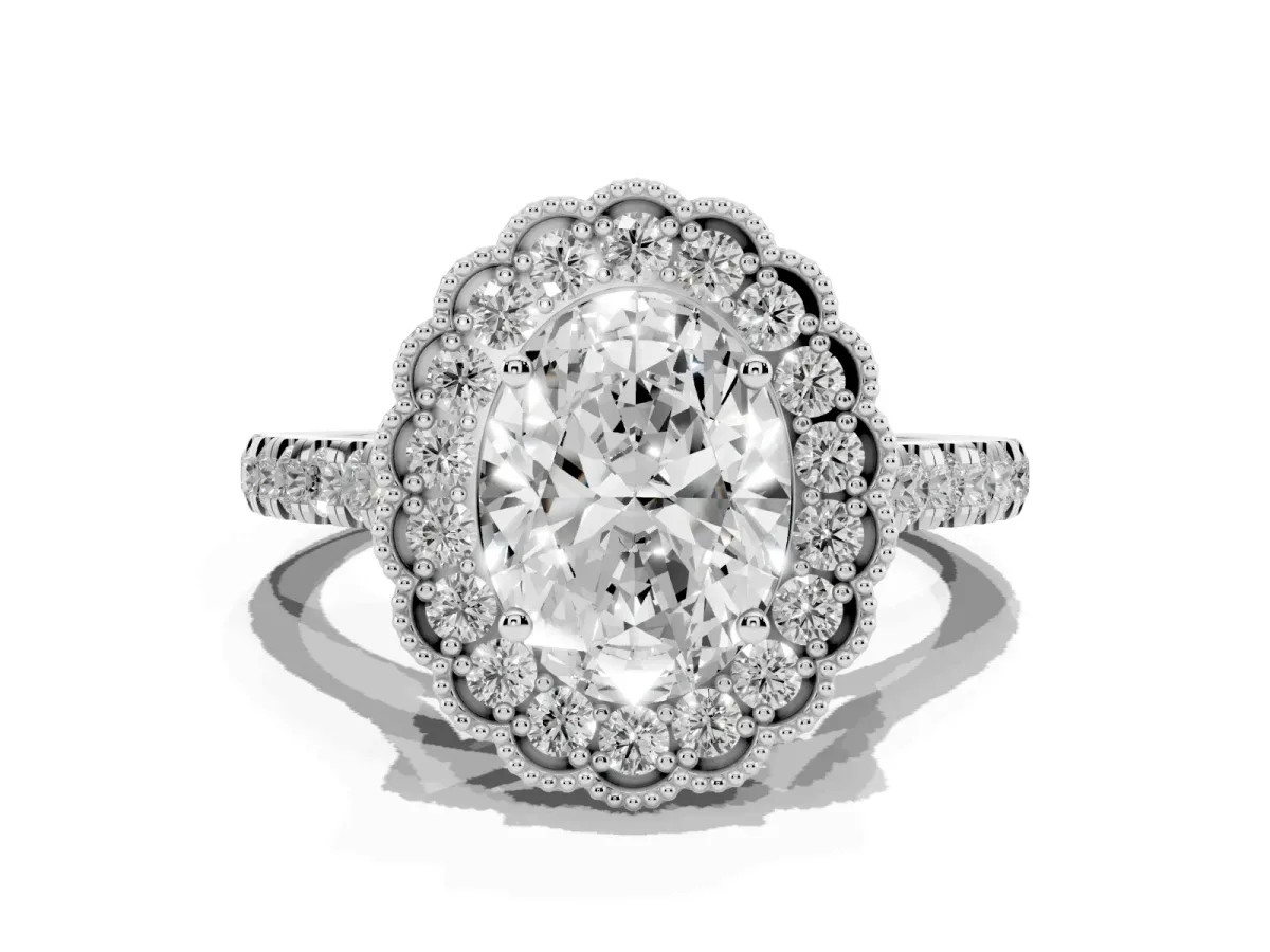 Oval Cut Cut Diamond Milgrain Floral Halo Engagement Ring with Pavé Band White gold