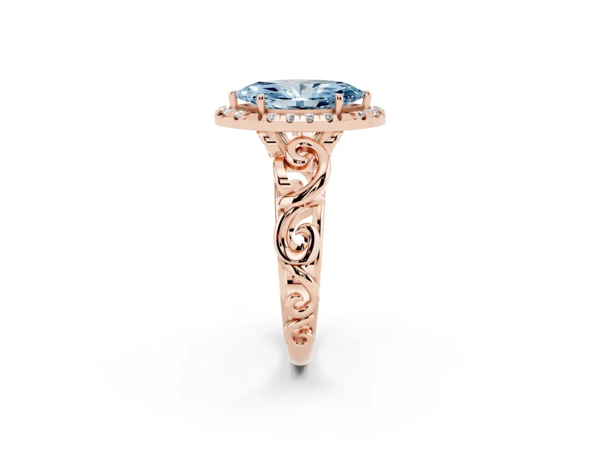 Fancy Blue Marquise Cut Cut Halo Diamond Ring with Scrollwork Band and Four-Prong Setting Rose gold