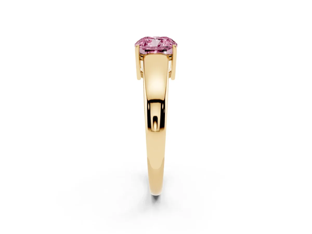 Fancy Pink Cushion Cut Solitaire Diamond Ring with Tapered Band and Four-Prong Setting Yellow gold