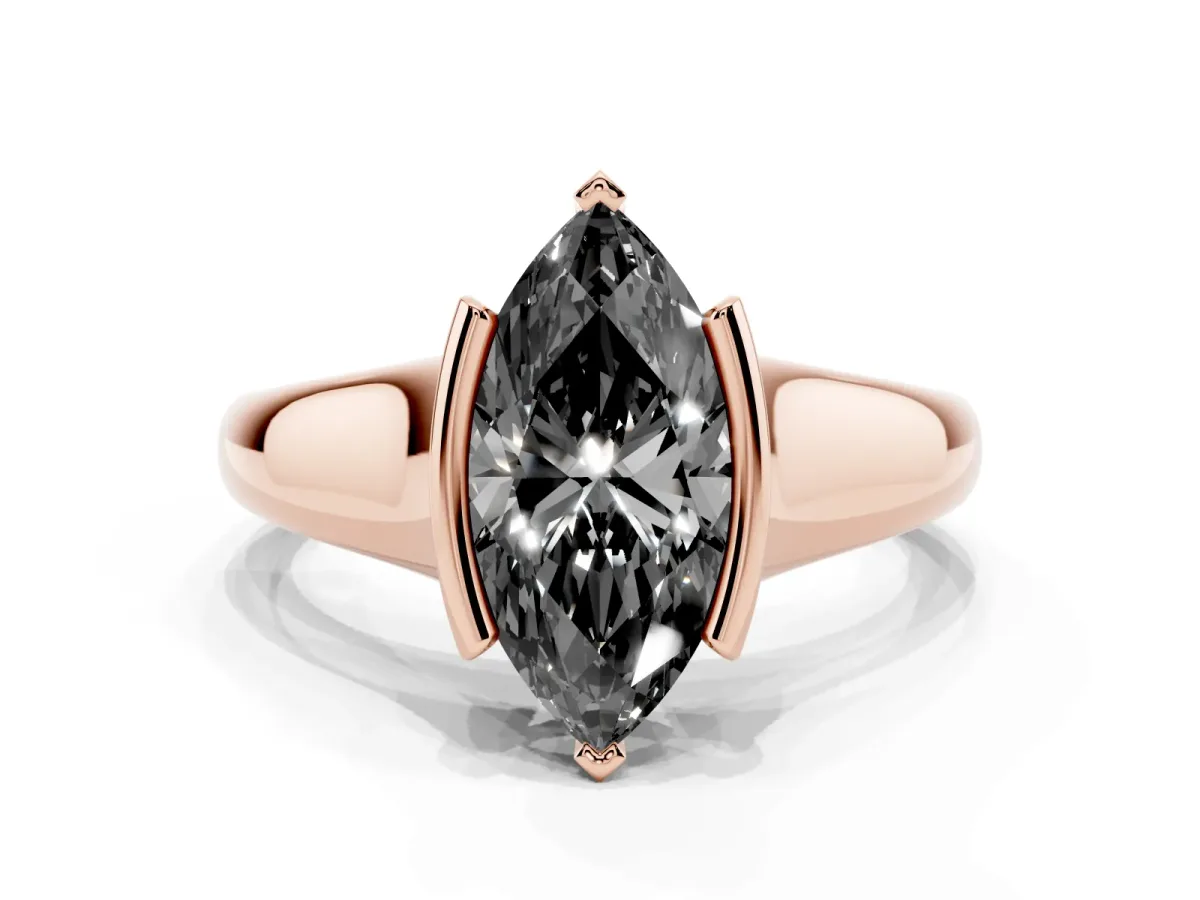 Fancy Black Marquise Cut Solitaire Tension Set Diamond Ring with Split Shank Band Rose gold
