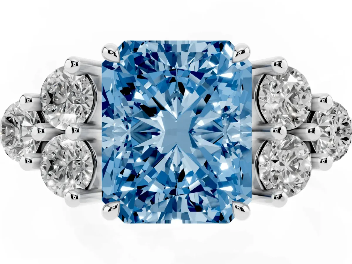 Fancy Blue Radiant Cut Brilliant Diamond Cluster Accent Solitaire Ring with Prong Setting Platinum