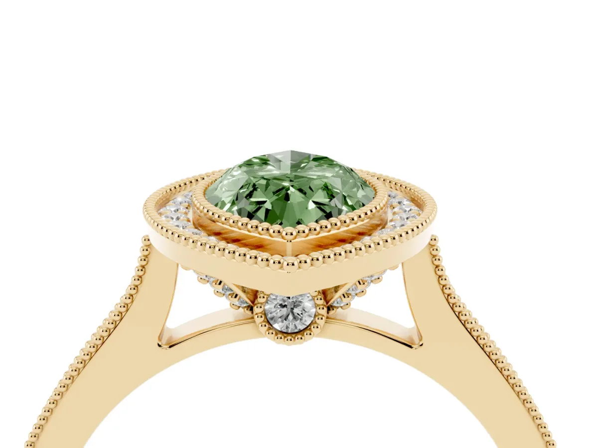 Fancy Green Halo Marquise Cut-Cut Diamond Pave Band Milgrain Prong Setting Ring Yellow gold