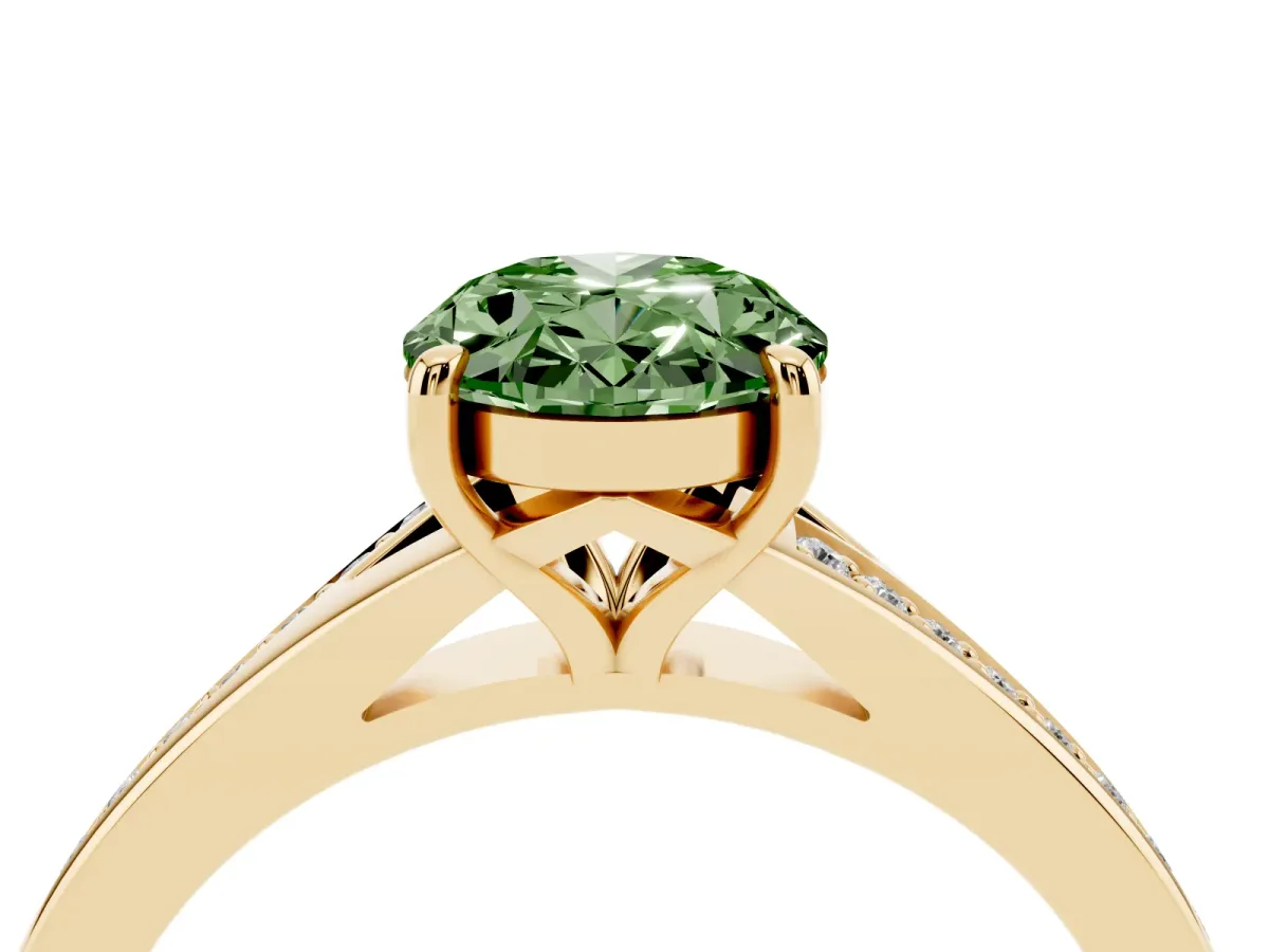 Fancy Green Oval Cut Diamond Solitaire Ring with Pavé Band and Prong Setting Yellow gold