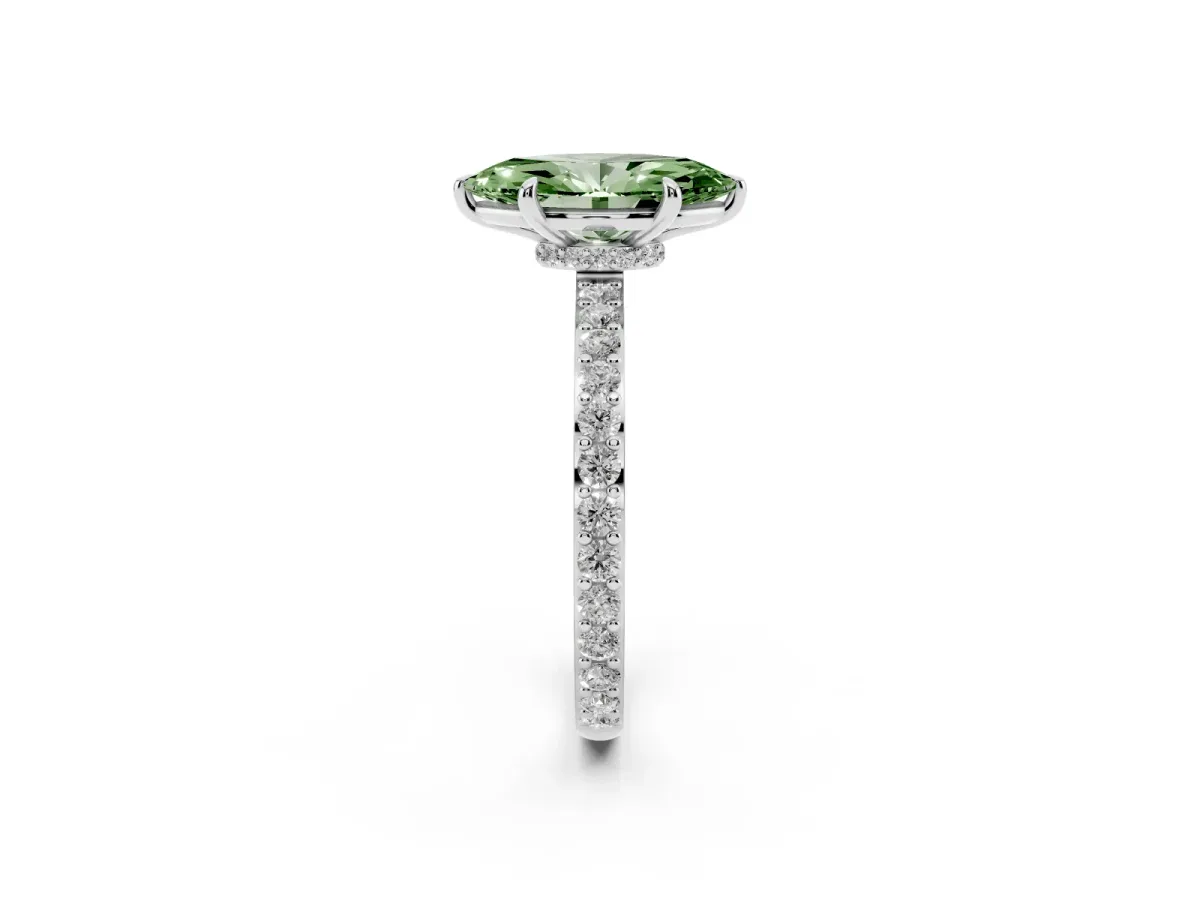 Fancy Green Marquise Cut Diamond Pavé Engagement Ring with Round Accents and Prong Setting Platinum