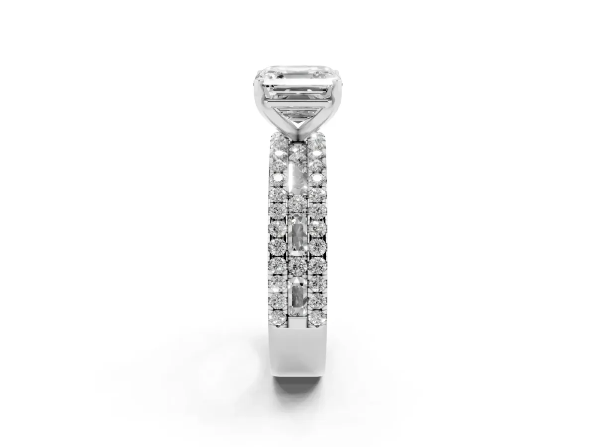 Asscher Cut Diamond Solitaire Ring with Pavé and Channel Set Band Silver