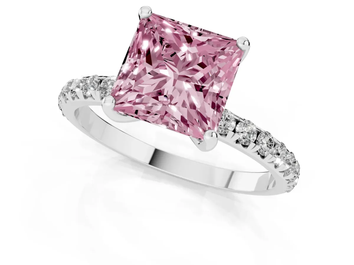 Fancy Pink Princess Cut Cut Diamond Solitaire Ring with Micro Pave Band and Four Prong Setting Silver
