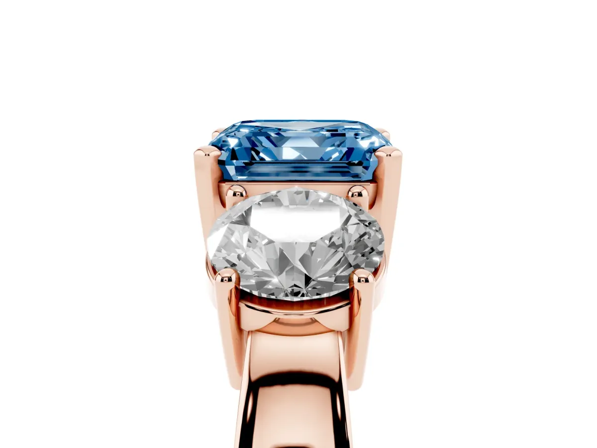 Fancy Blue Three-Stone Asscher Cut Diamond Ring with Round Side Stones, Classic Band, and Four-Prong Setting Rose gold
