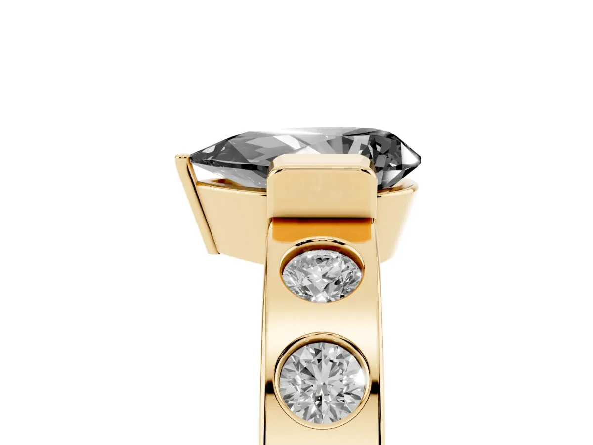 Fancy Black Pear Cut Brilliant Channel-Set Diamond Ring with Bezel Prong Setting Yellow gold