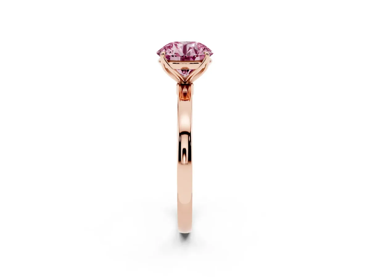 Fancy Pink Round Cut Diamond Solitaire Ring with Thin Band and Prong Setting Rose gold