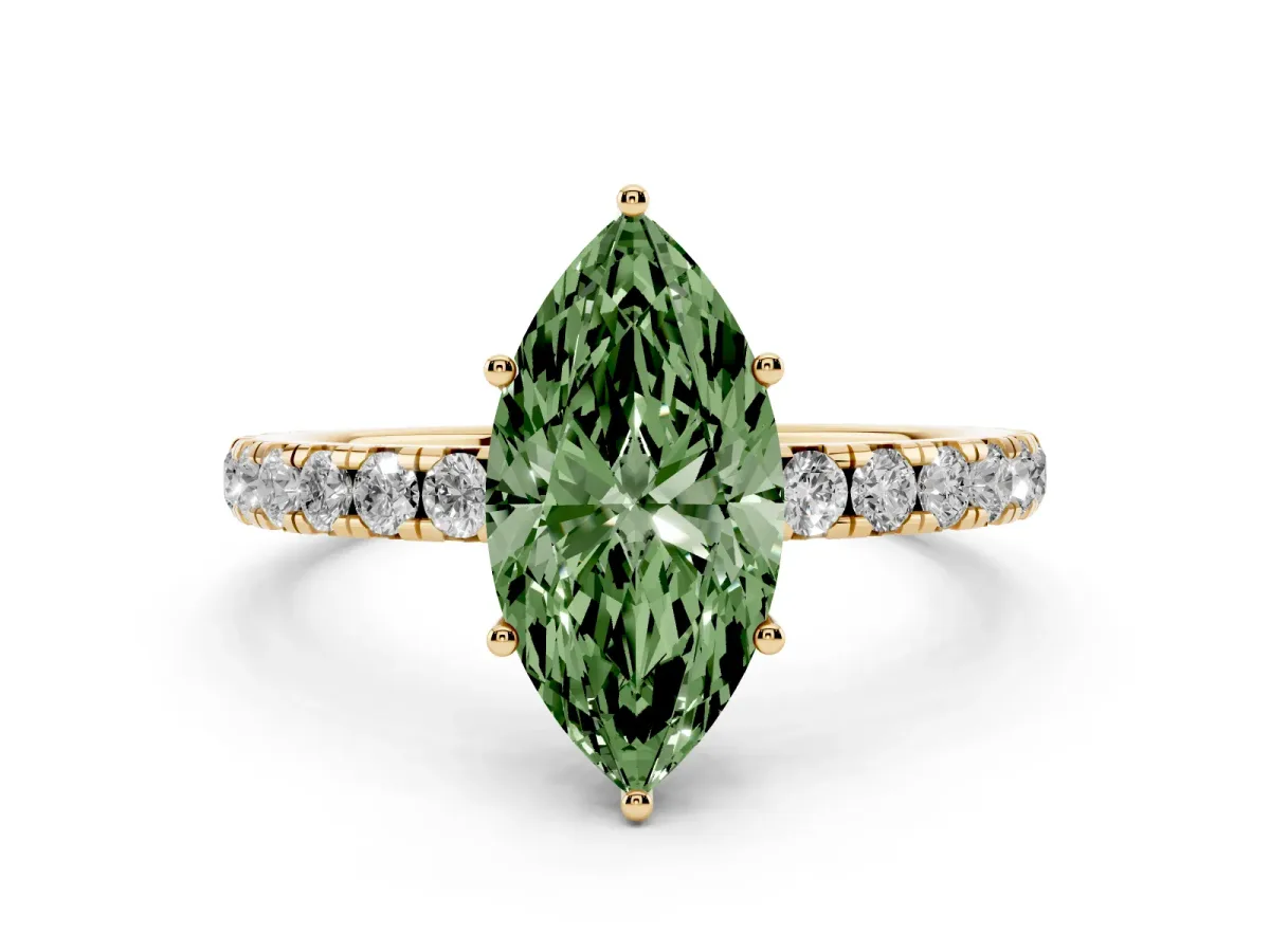 Fancy Green Marquise Cut Diamond Pavé Solitaire Engagement Ring with Four-Prong Setting Yellow gold