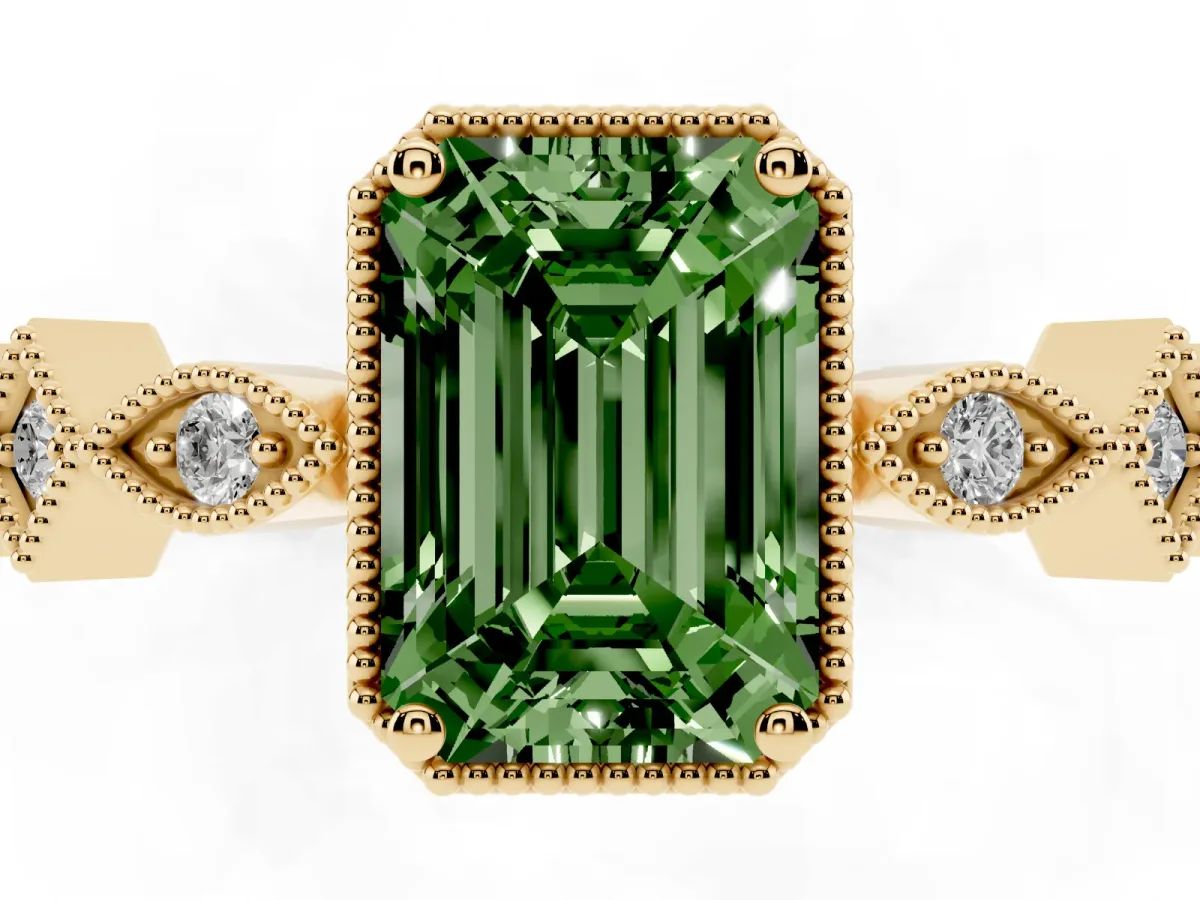 Fancy Green Emerald Cut Milgrain Marquise Diamond Twist Band Ring Yellow gold