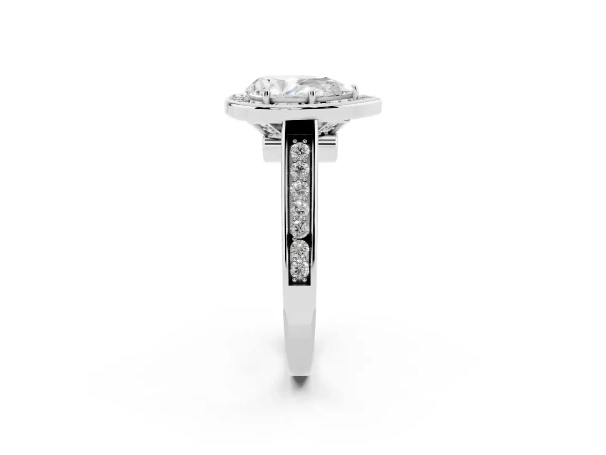 Pear Cut Halo Solitaire Diamond Ring with Pave Band and Bezel Setting Silver