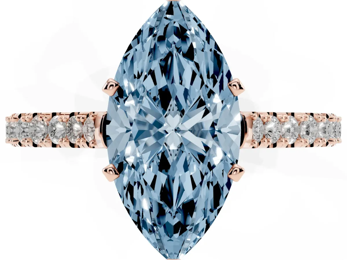 Fancy Blue Marquise Cut Cut Solitaire Diamond Engagement Ring with Pave Band and Four-Prong Setting Rose gold