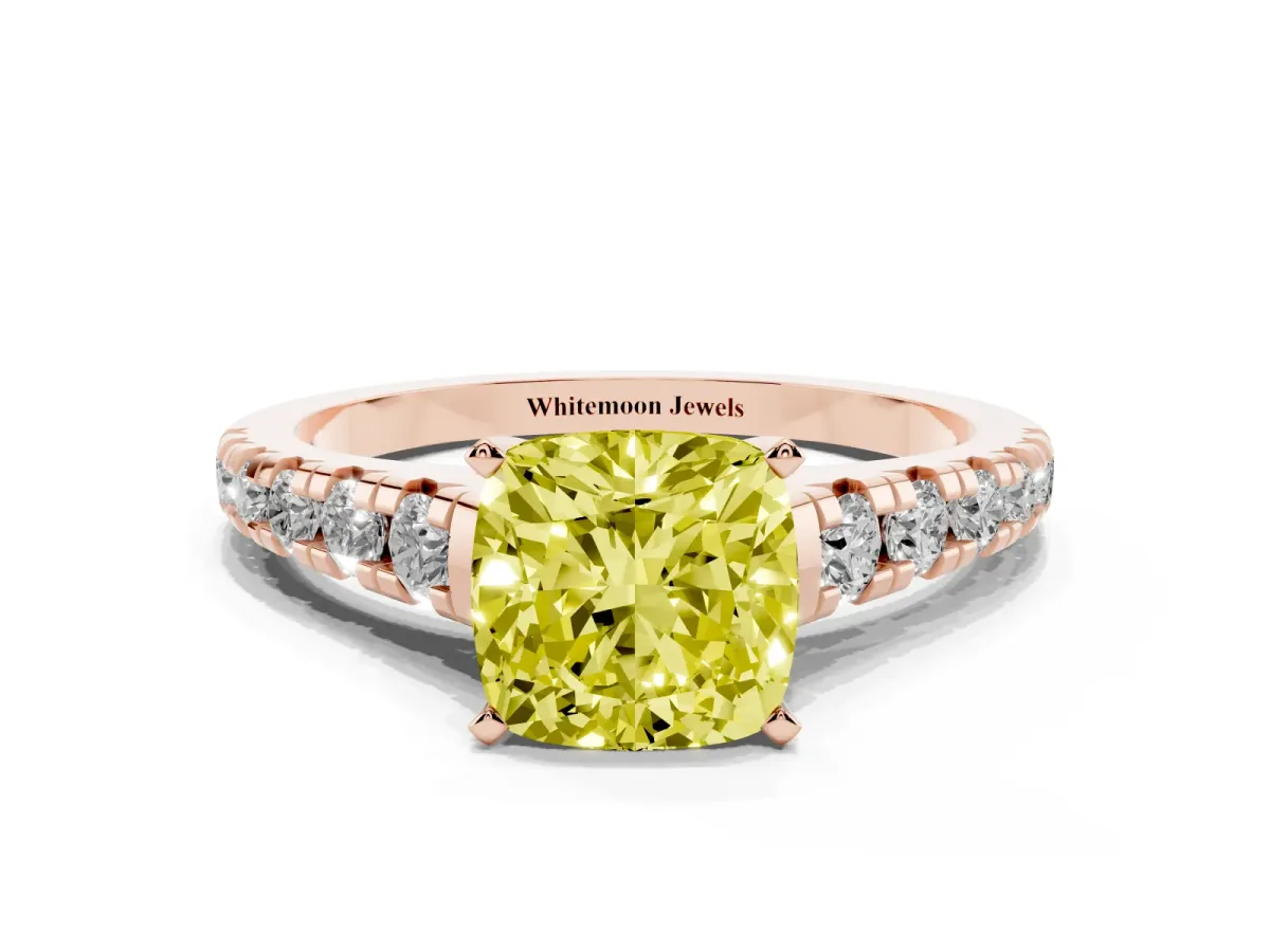Fancy Yellow Cushion Cut Diamond Cathedral Solitaire Ring with Round Pavé Band Rose gold