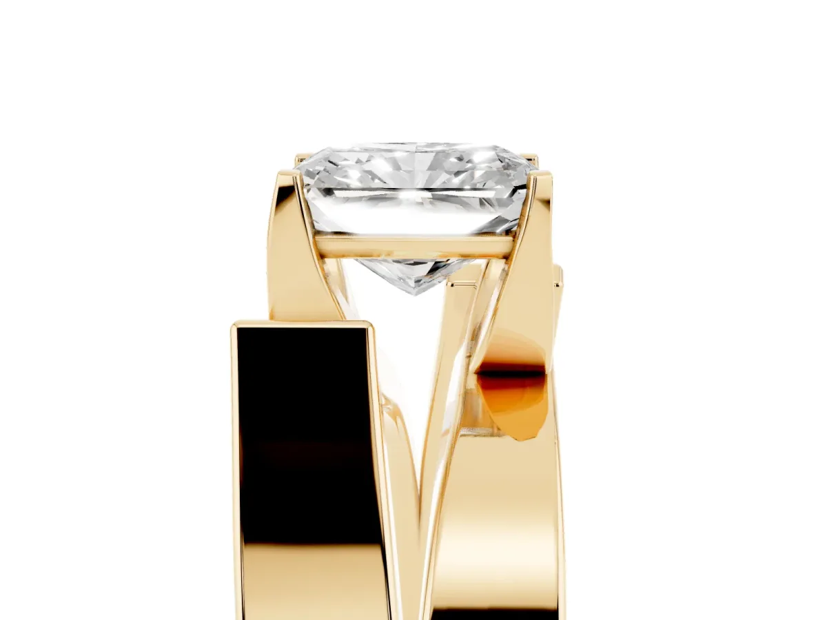 Modern Tension Set Radiant Cut Diamond Solitaire Wide Band Ring Yellow gold