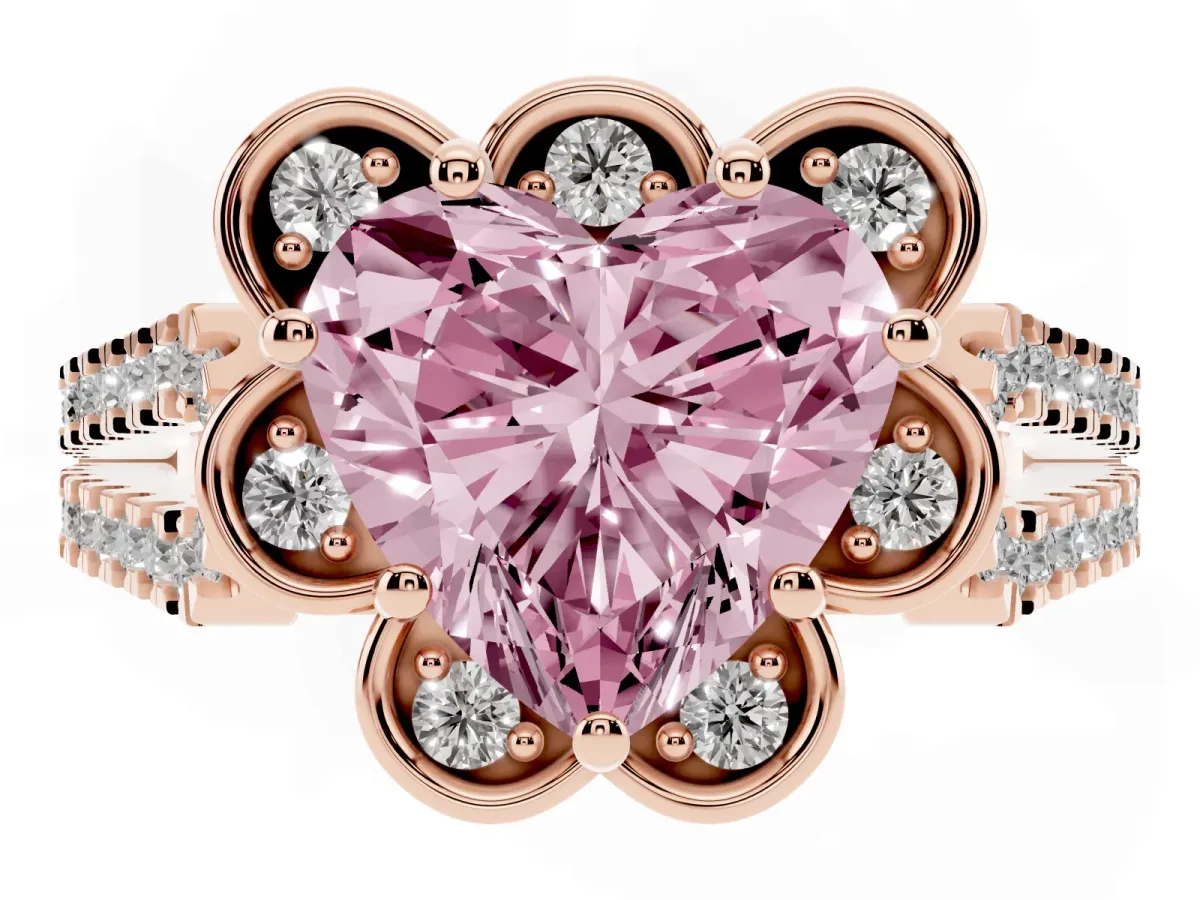 Fancy Pink Heart Cut Halo Diamond Floral Split Shank Engagement Ring Rose gold